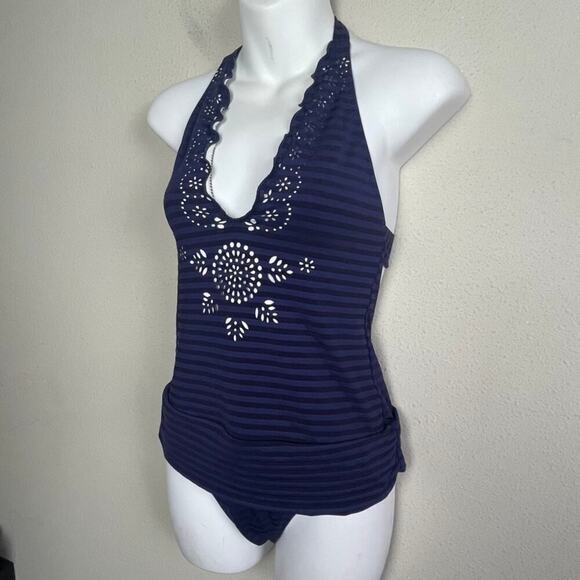 Becca by Rebecca Virtue One Piece Swimsuit‎ M Blue Stripe Halter Laser Cut - Picture 4 of 8